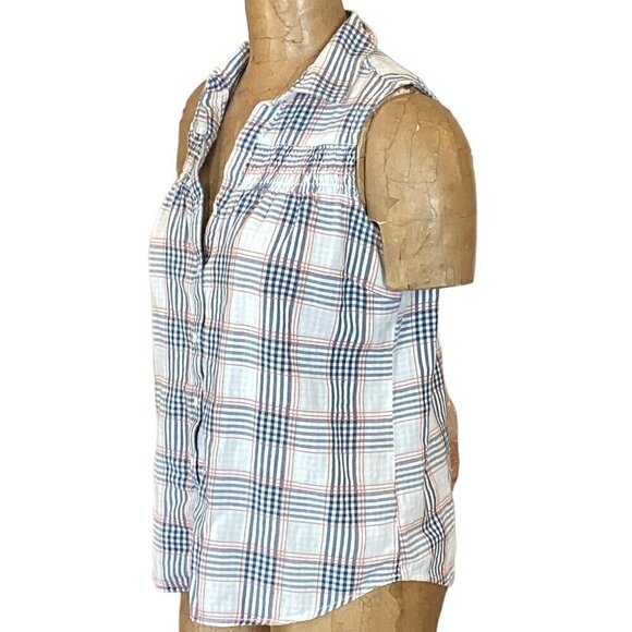 Old Ranch Cotton Plaid Smock Accent Sleeveless Button-Down Top Sz S #278G - Picture 4 of 9